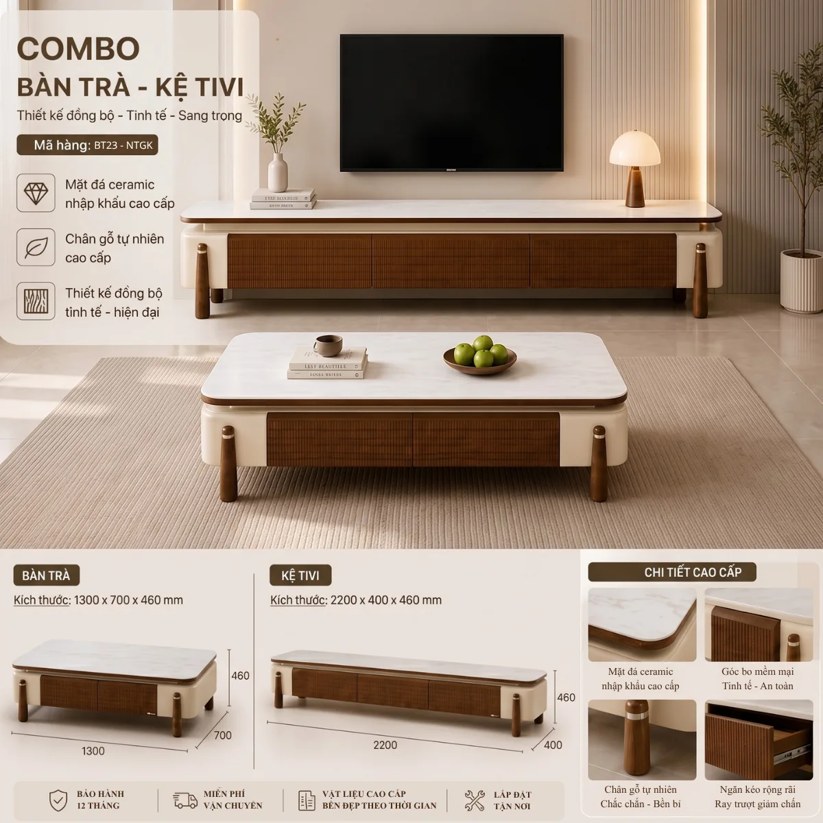 Combo bàn trà và kệ tivi nhập khẩu BT23