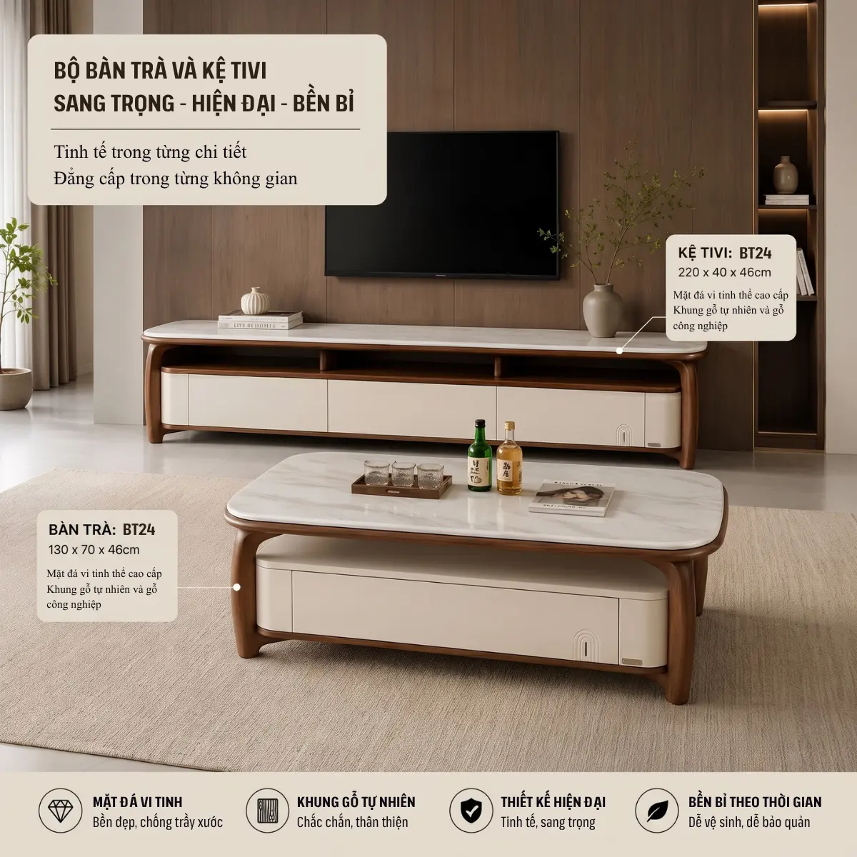 Combo bàn trà và kệ tivi nhập khẩu BT24