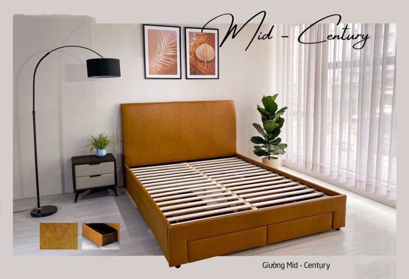 Giường bọc da Adora Mid Century hộc kéo