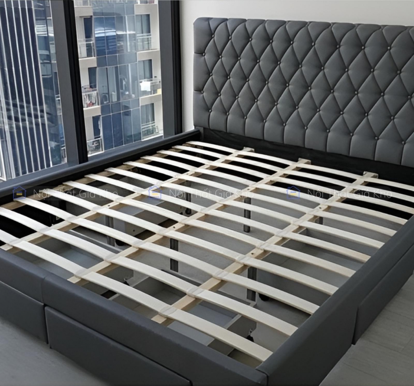 Giường bọc da hộc kéo Light Gray TL04