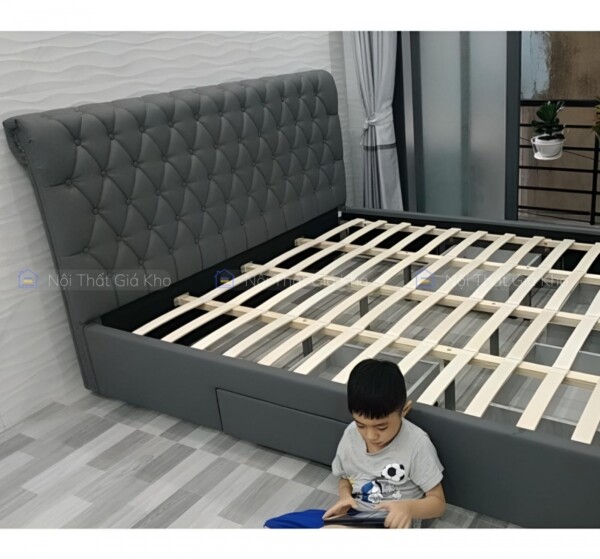 Giường bọc da hộc kéo Light Gray TL04