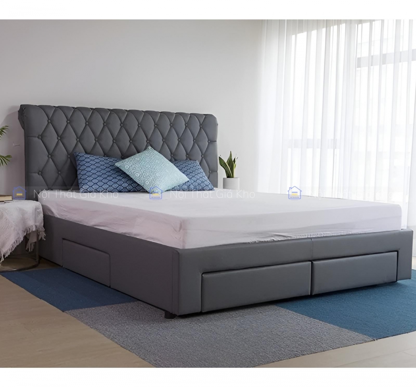 Giường bọc da hộc kéo Light Gray TL04