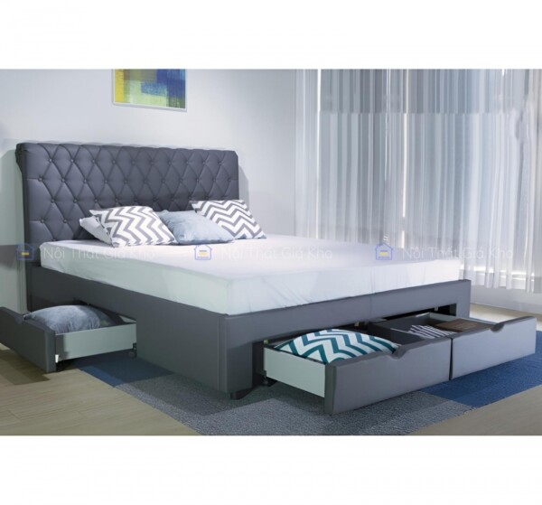 Giường bọc da hộc kéo Light Gray TL04