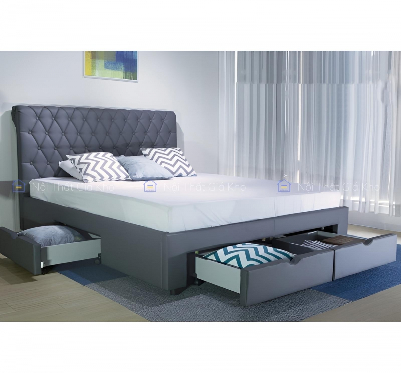 Giường bọc da hộc kéo Light Gray TL04