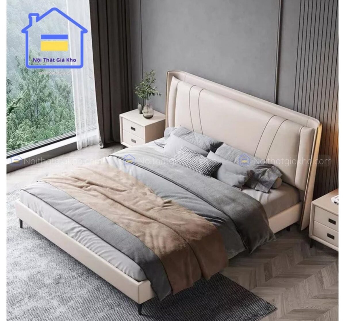 Giường bọc nệm da 1m6x2m, 1m8x2m