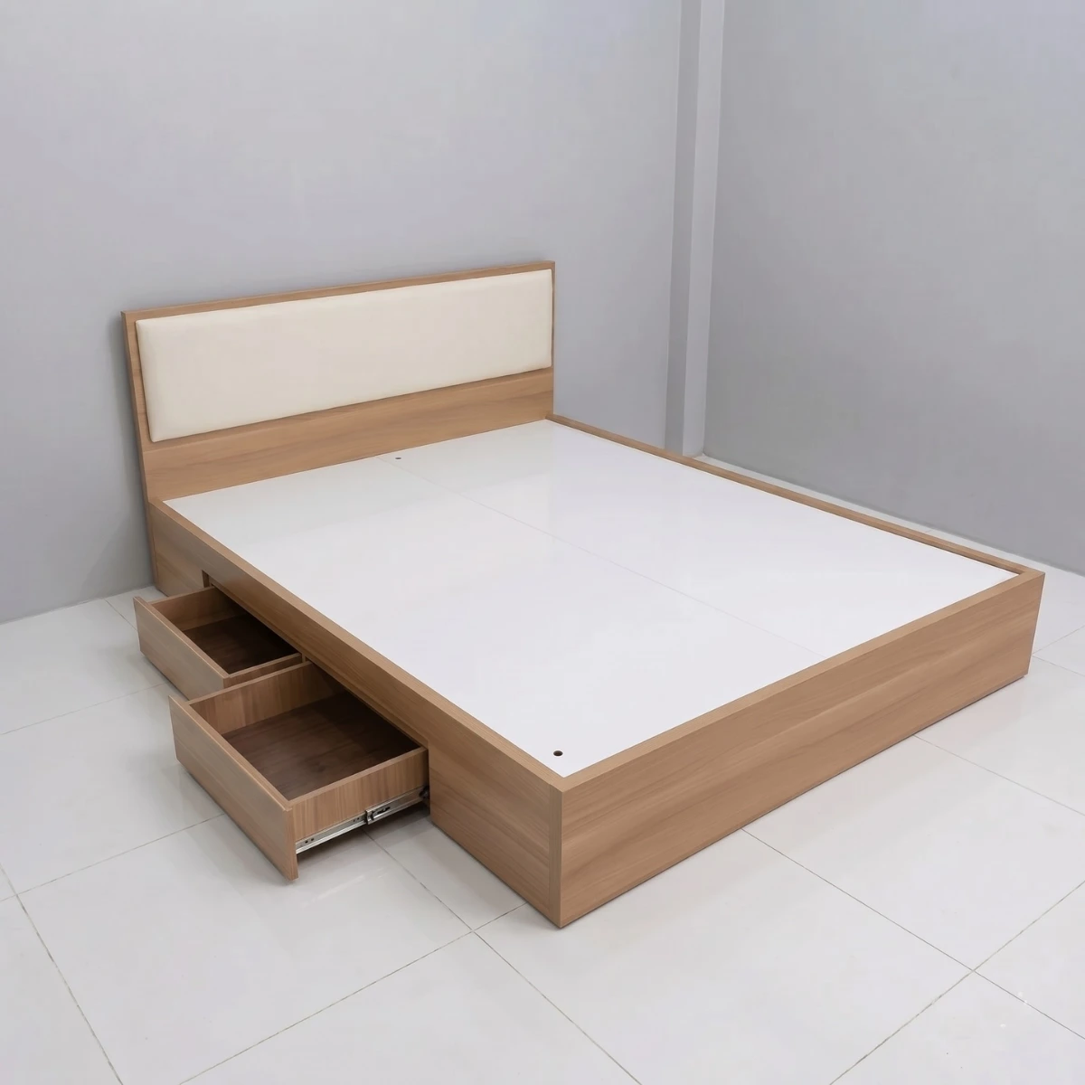 Giường gỗ MDF bọc nệm 2 hộc kéo