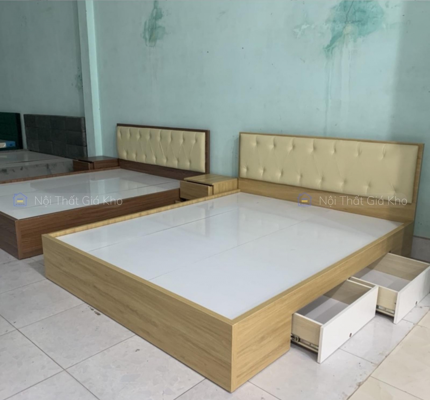 Giường ngủ gỗ MDF bọc nệm có 2 hộc kéo
