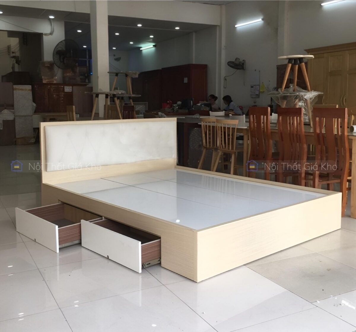 Giường ngủ gỗ MDF bọc nệm có 2 hộc kéo