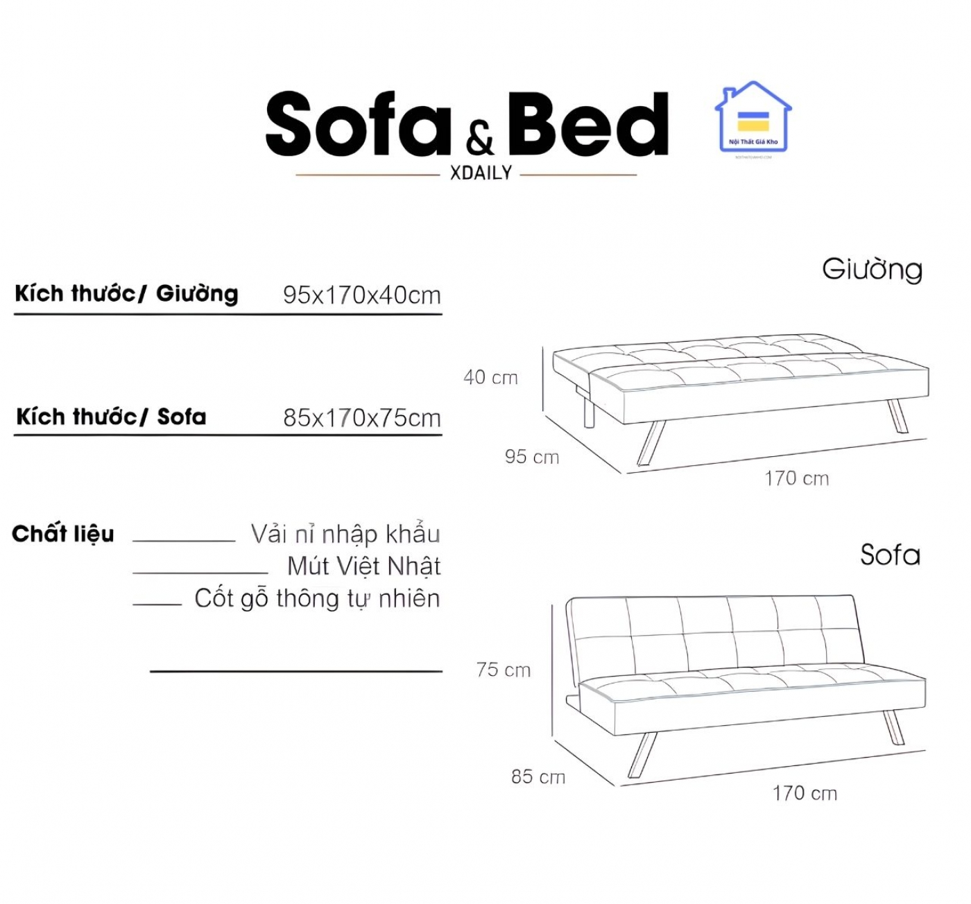 Sofa giường Adora SFBED01, sofa bed xuất khẩu chỉ 1950k