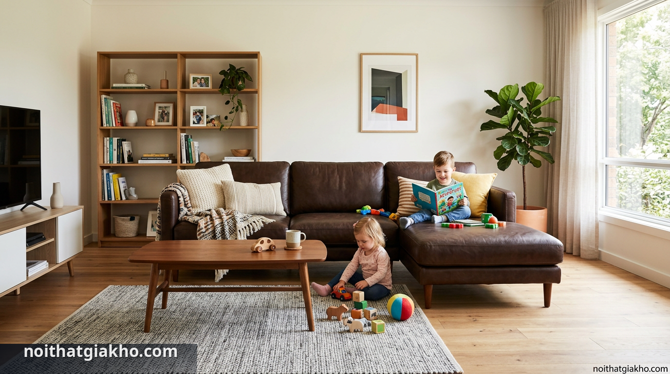 Sofa góc L da hay nỉ: Chọn cho nhà có trẻ nhỏ? 1 Sofa góc L da mang lại vẻ đẹp sang trọng và dễ vệ sinh cho gia đình có trẻ nhỏ - sofa da hay nỉ