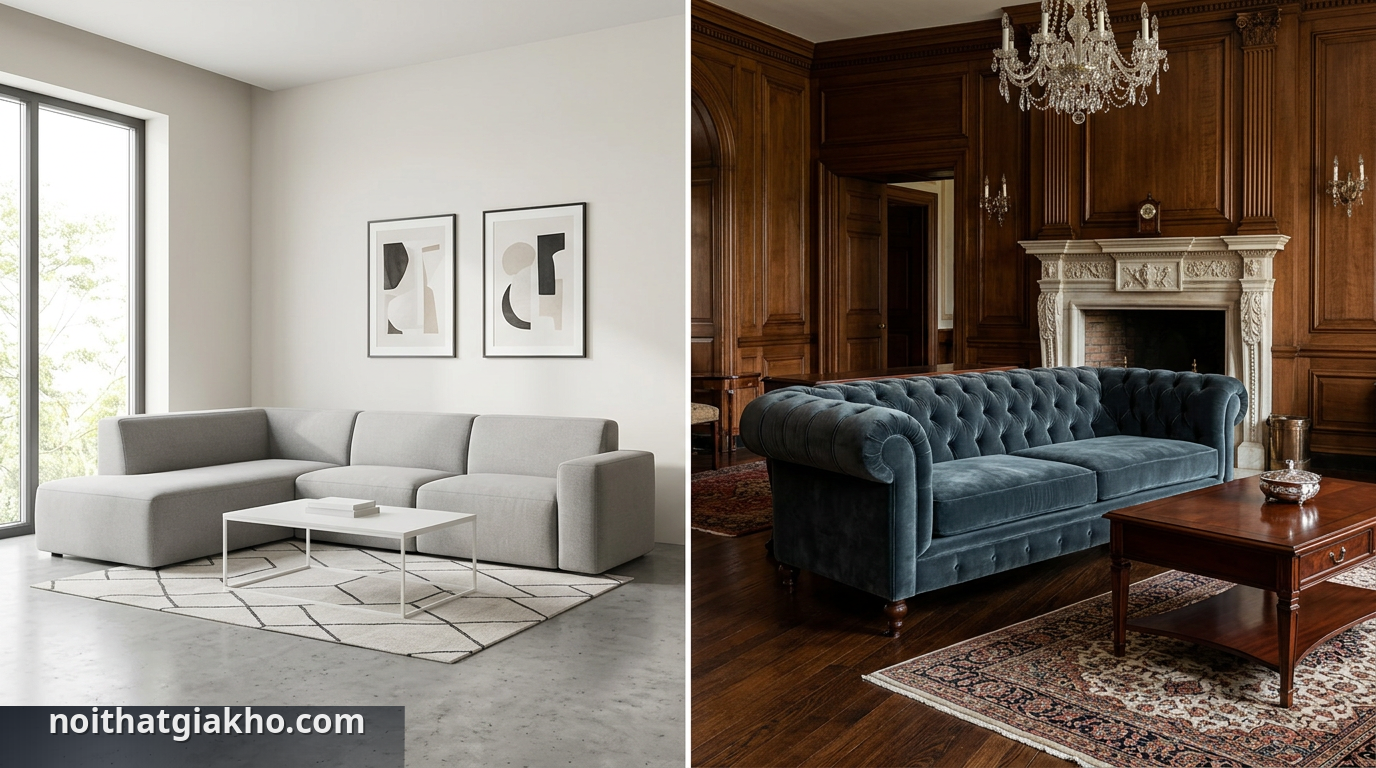 Sofa góc L hiện đại và cổ điển: Sự khác biệt cần biết 1 So sánh trực quan giữa sofa góc L hiện đại và sofa cổ điển trong không gian nội thất - sofa góc L hiện đại