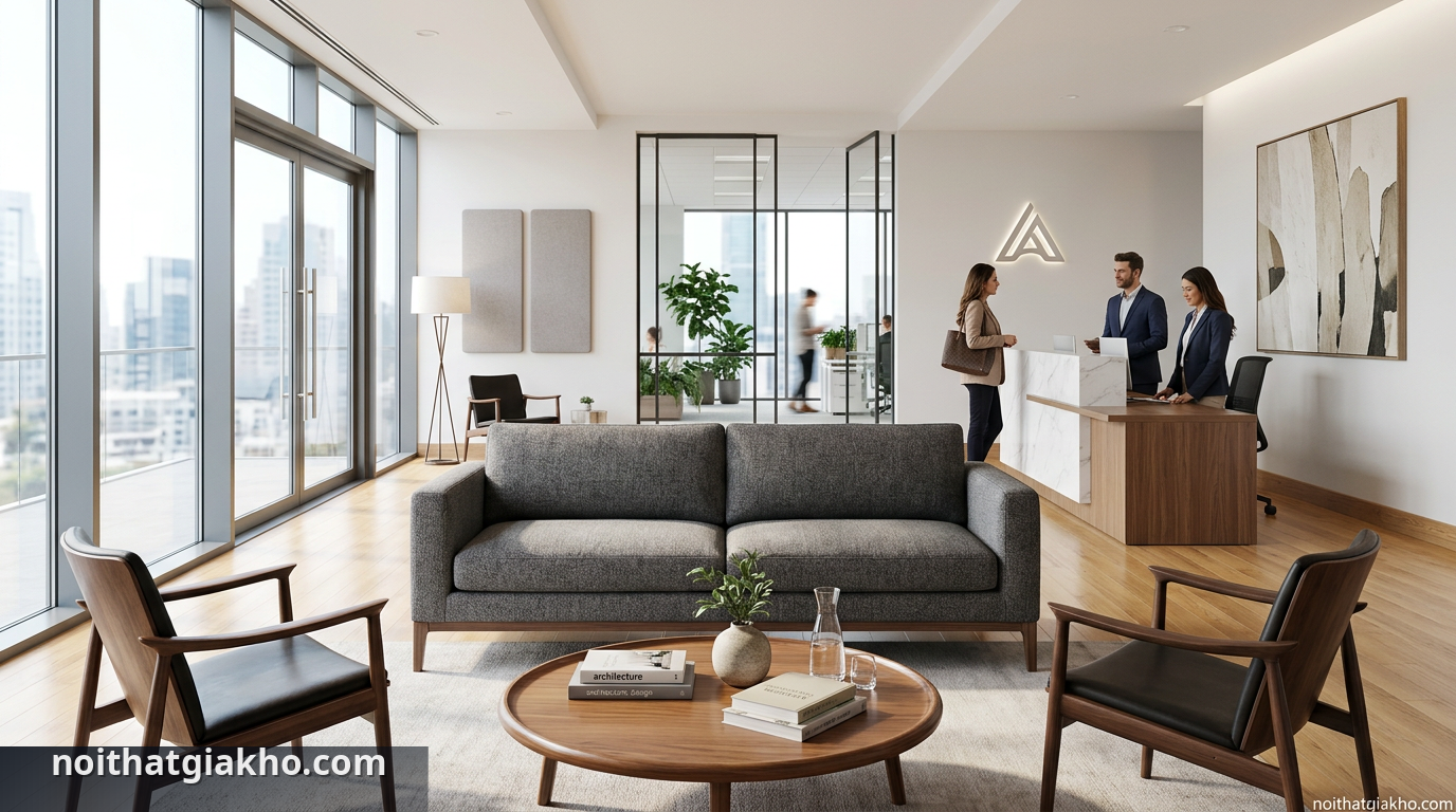 Thiết kế văn phòng với sofa chờ: Đẳng cấp và chuyên nghiệp 1 Không gian tiếp khách sang trọng với sofa chờ văn phòng hiện đại - thiết kế văn phòng