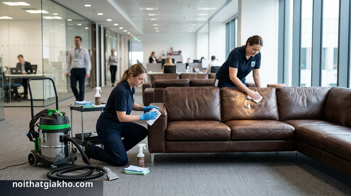 Nhân viên đang thực hiện vệ sinh sofa văn phòng chuyên nghiệp - vệ sinh sofa văn phòng