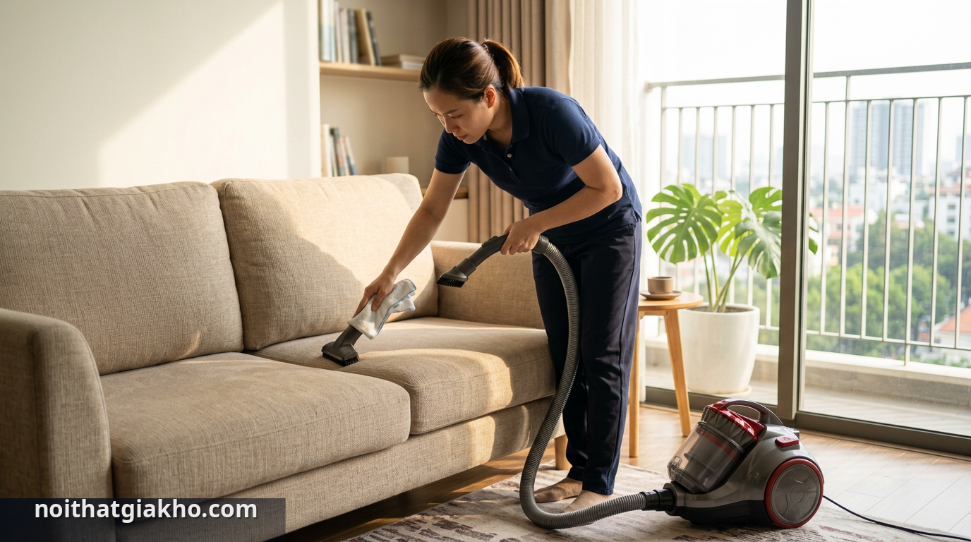 Bảo quản sofa băng giá rẻ: Giữ bền đẹp như mới tại TPHCM 1 Vệ sinh sofa vải thường xuyên giúp loại bỏ bụi bẩn và kéo dài tuổi thọ sofa băng. - bảo quản sofa băng