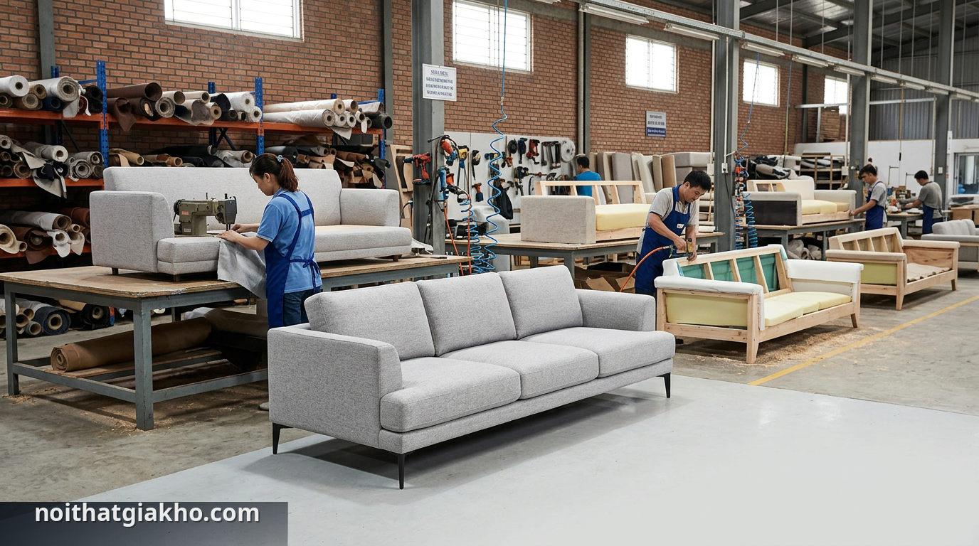 Quá trình sản xuất sofa băng tại xưởng, nơi chất lượng và tùy chỉnh được ưu tiên. - so sánh sofa xưởng và cửa hàng