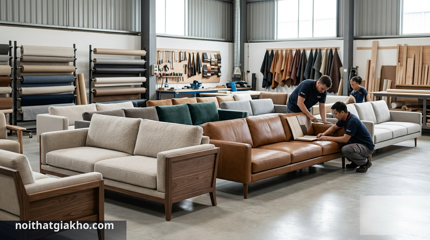 Sự Thật Về Sofa Xưởng: Phá Vỡ 5 Lầm Tưởng Phổ Biến 1 Sofa băng sản xuất trực tiếp tại xưởng với đa dạng mẫu mã và chất liệu. - sự thật về sofa xưởng