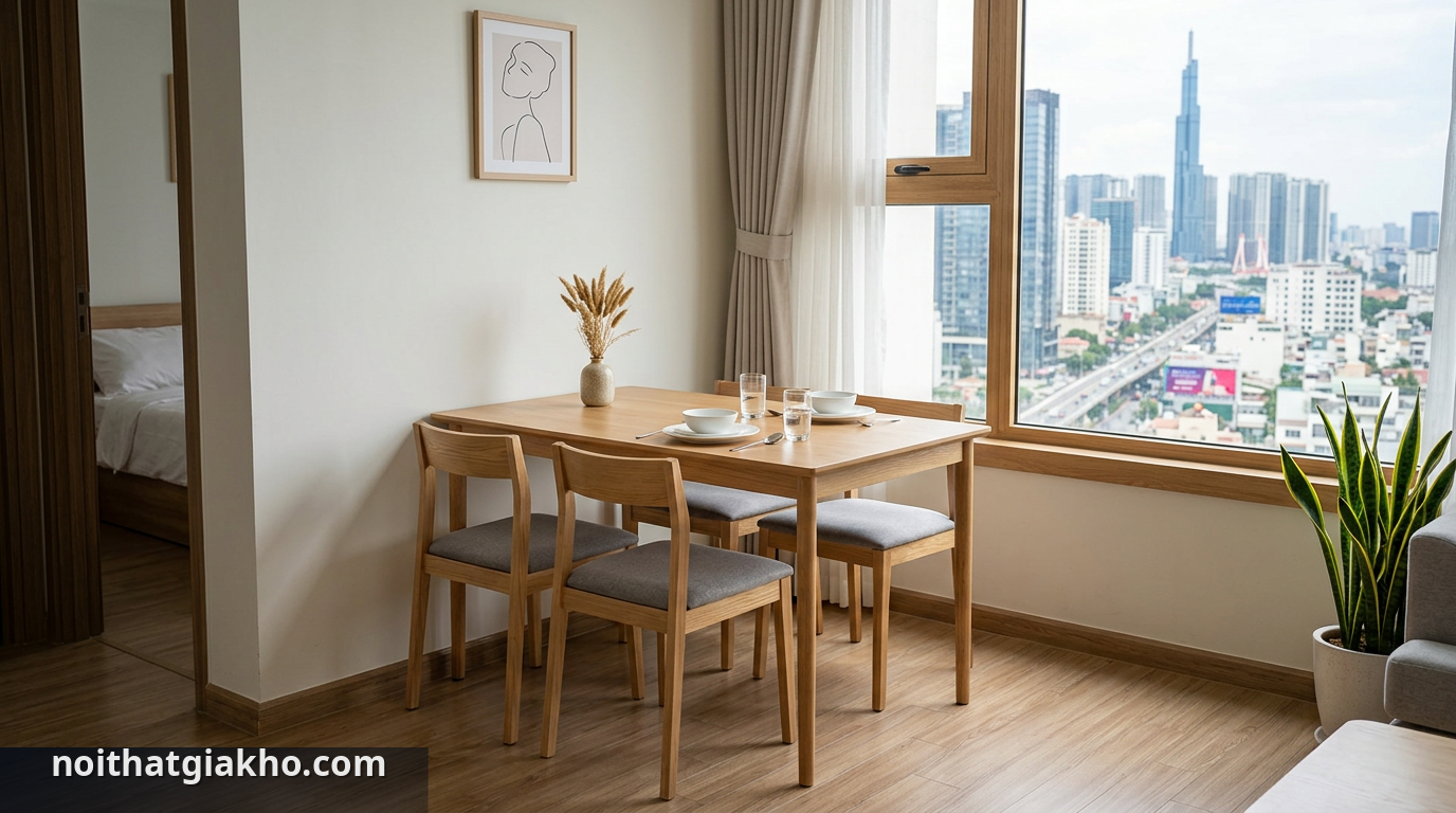 Bàn Ăn 4 Ghế Nhỏ Gọn HCM: Giải Pháp Tối Ưu Căn Hộ Chung Cư Nhỏ 1 Bàn ăn 4 ghế nhỏ gọn HCM với thiết kế hiện đại, tối ưu không gian. - bàn ăn 4 ghế nhỏ gọn HCM