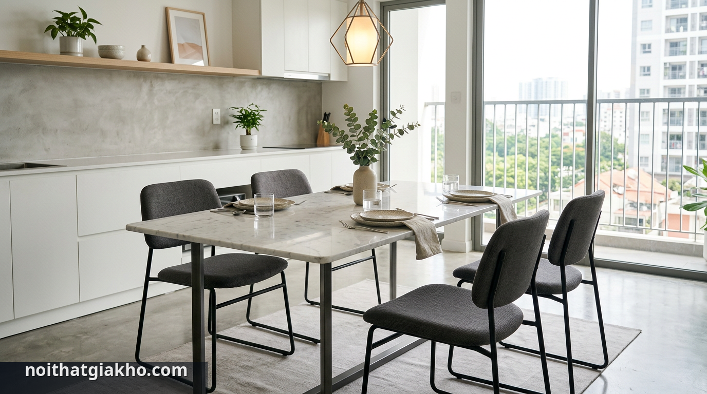 Bàn Ăn Gỗ 4 Ghế HCM: Chọn Chất Liệu Nào Bền Đẹp? 1 Bàn ăn mặt đá chân inox hiện đại cho không gian sống TPHCM - bàn ăn gỗ 4 ghế HCM