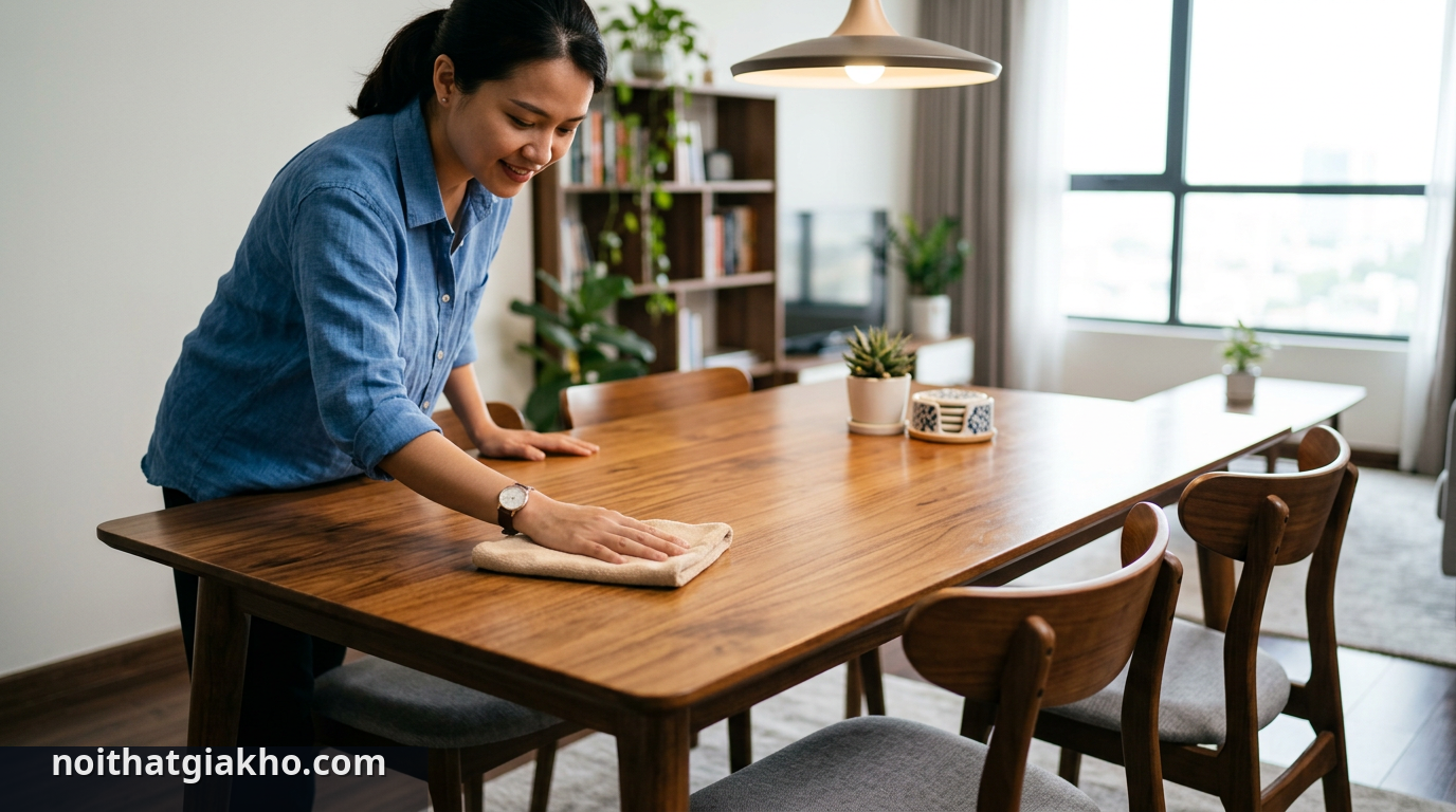Vệ sinh bàn ăn gỗ định kỳ giúp duy trì vẻ đẹp và độ bền. - bảo quản bàn ăn 4 ghế