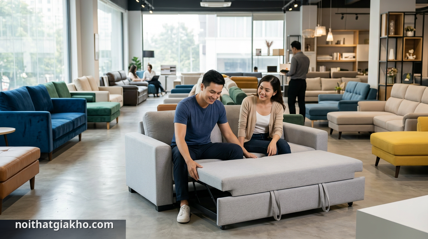 Kinh nghiệm mua sofa giường hiệu quả là trải nghiệm trực tiếp sản phẩm tại showroom. - chọn sofa giường TPHCM