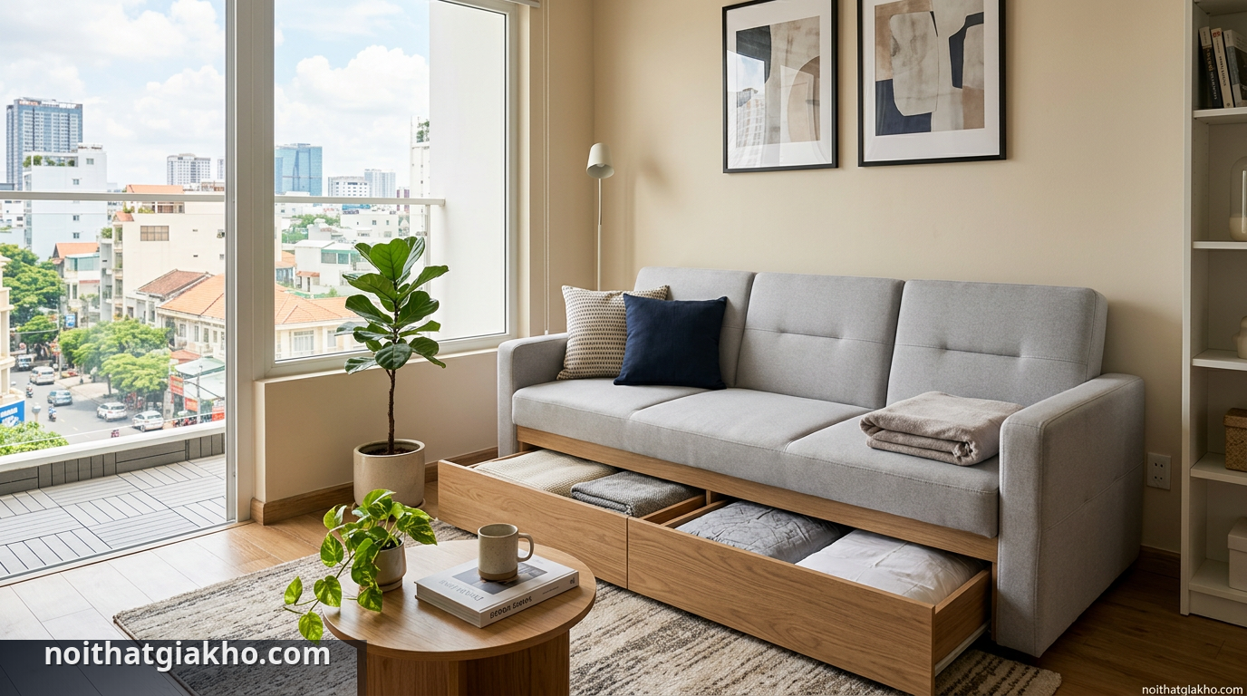 Sofa giường hiện đại tích hợp ngăn kéo, tối ưu không gian sống TPHCM - ý tưởng trang trí sofa giường