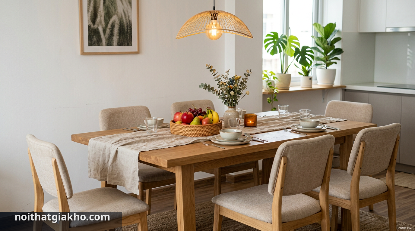 Không gian ăn uống ấm cúng với bàn ăn 4 ghế theo phong cách Rustic/Scandi. - trang trí bàn ăn đẹp HCM