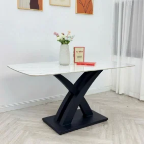 Bàn ăn mặt đá ceramic chân chéo chữ X cong