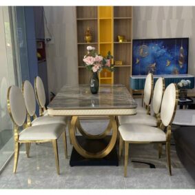 Bàn ăn mặt đá Ceramic chân mạ vàng kết hợp ghế Louis