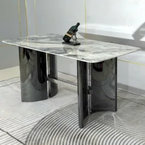 Bàn ăn mặt đá vi tinh thể chân inox BAK40
